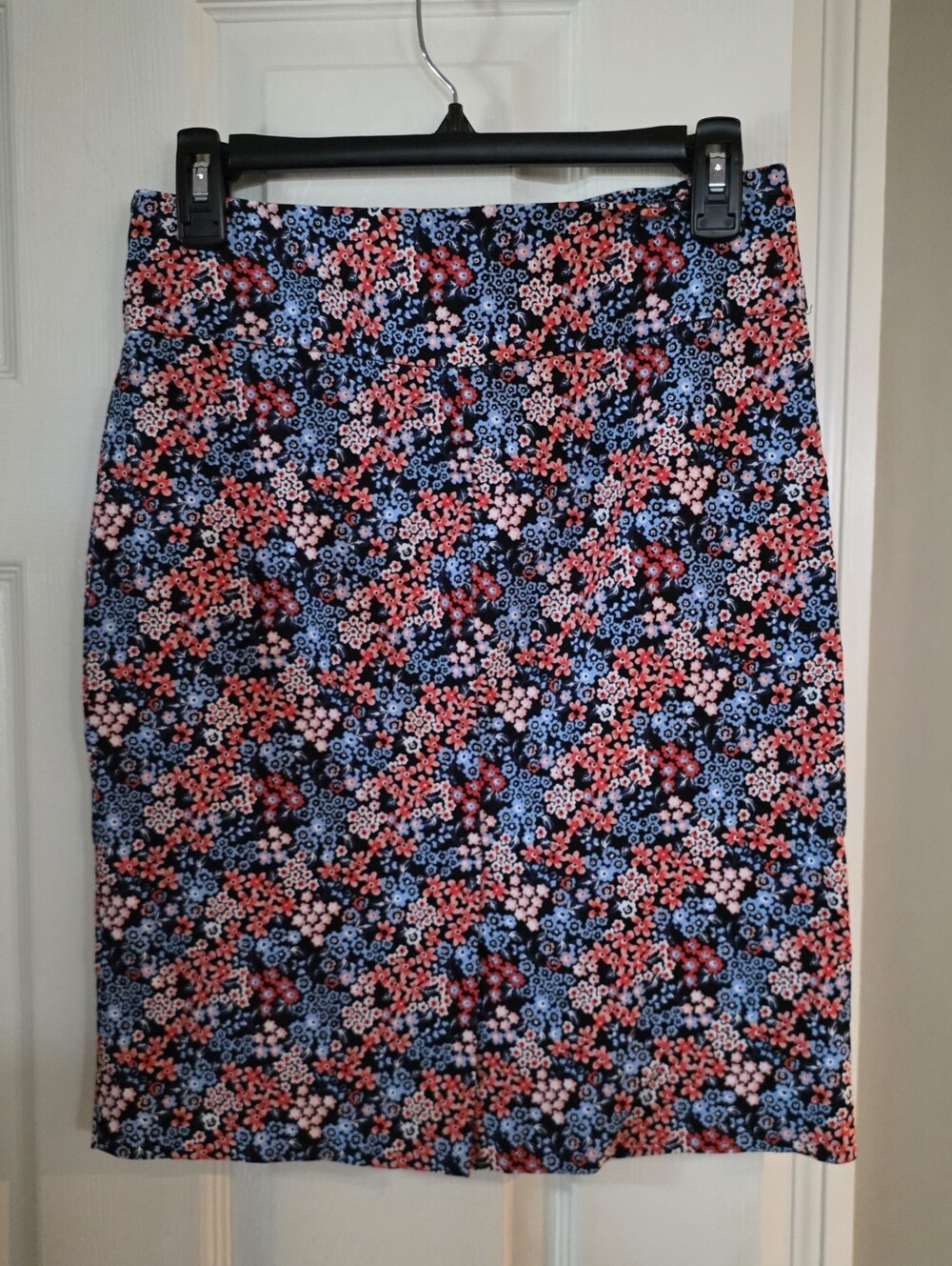 Margaret M Floral Pull On Pencil Skirt - Navy with Pink & Blue Flowers Medium